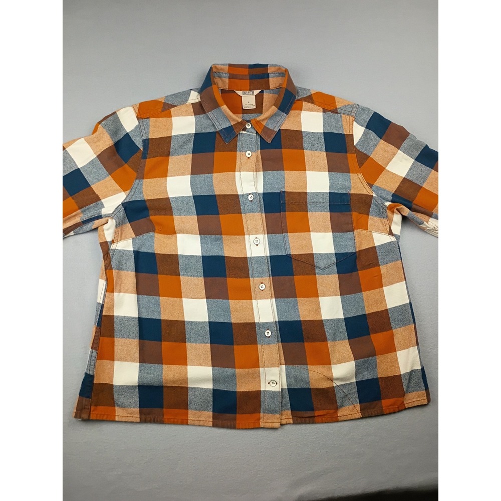 Duluth Trading Co Womens Flannel Shirt Large Orange Blue Plaid Cotton L/S